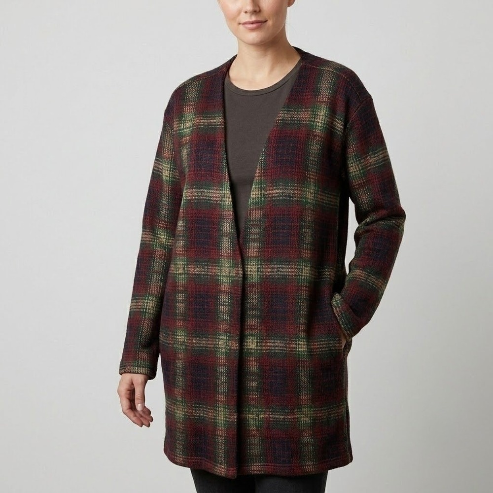 UNIF Plaid Cardigan Coat Womens Large Red Green Open Front Knit Grunge Indie